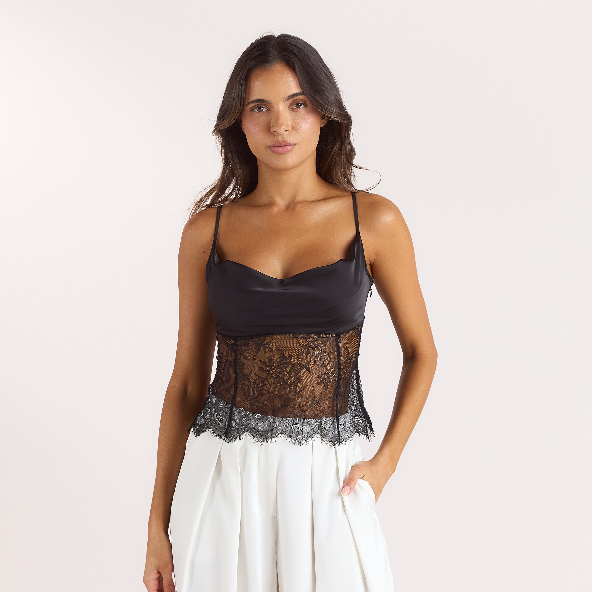 Satin Cowl-Neck Cami Top - Black alternate