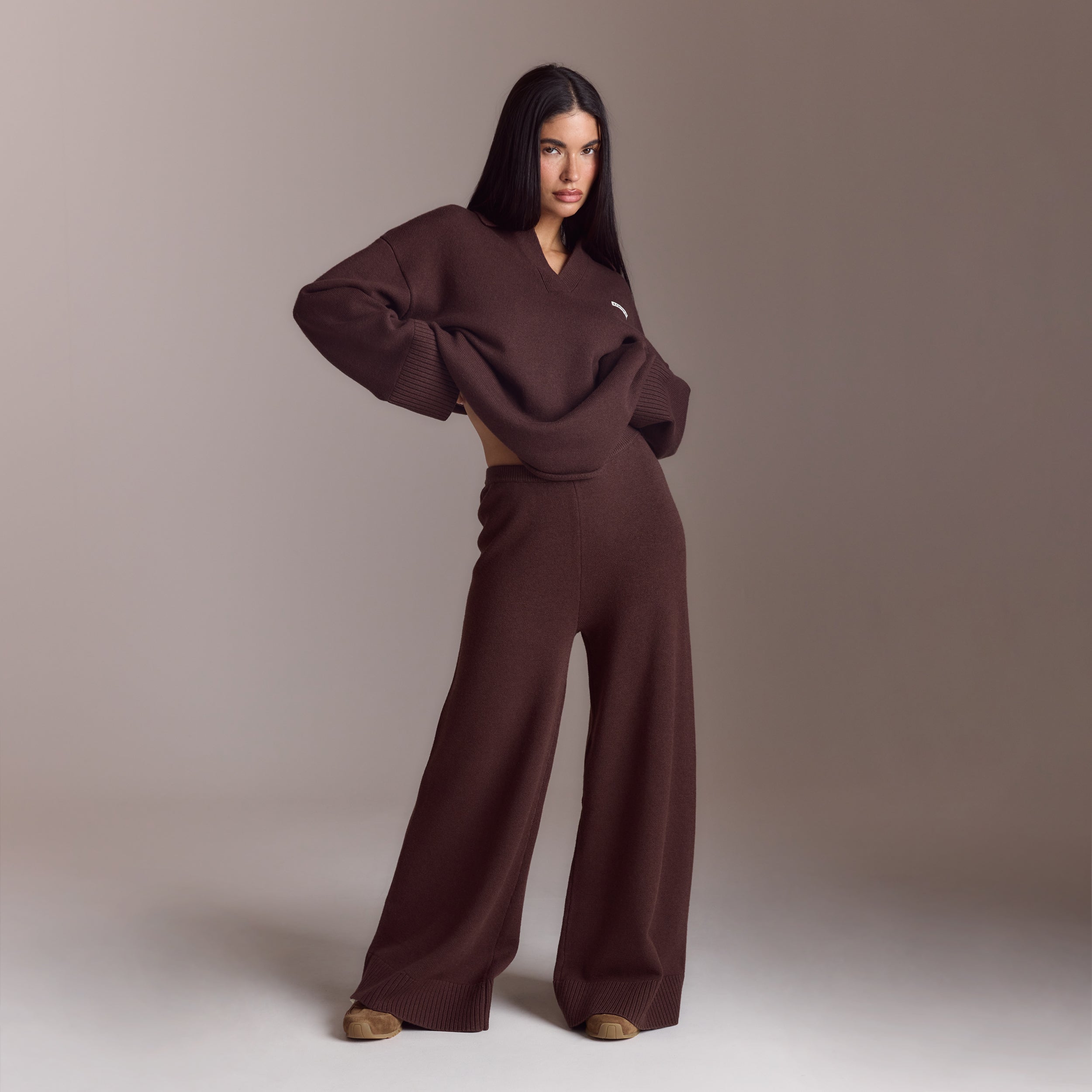 Ribbed Hem Knitted Pants - Chocolate