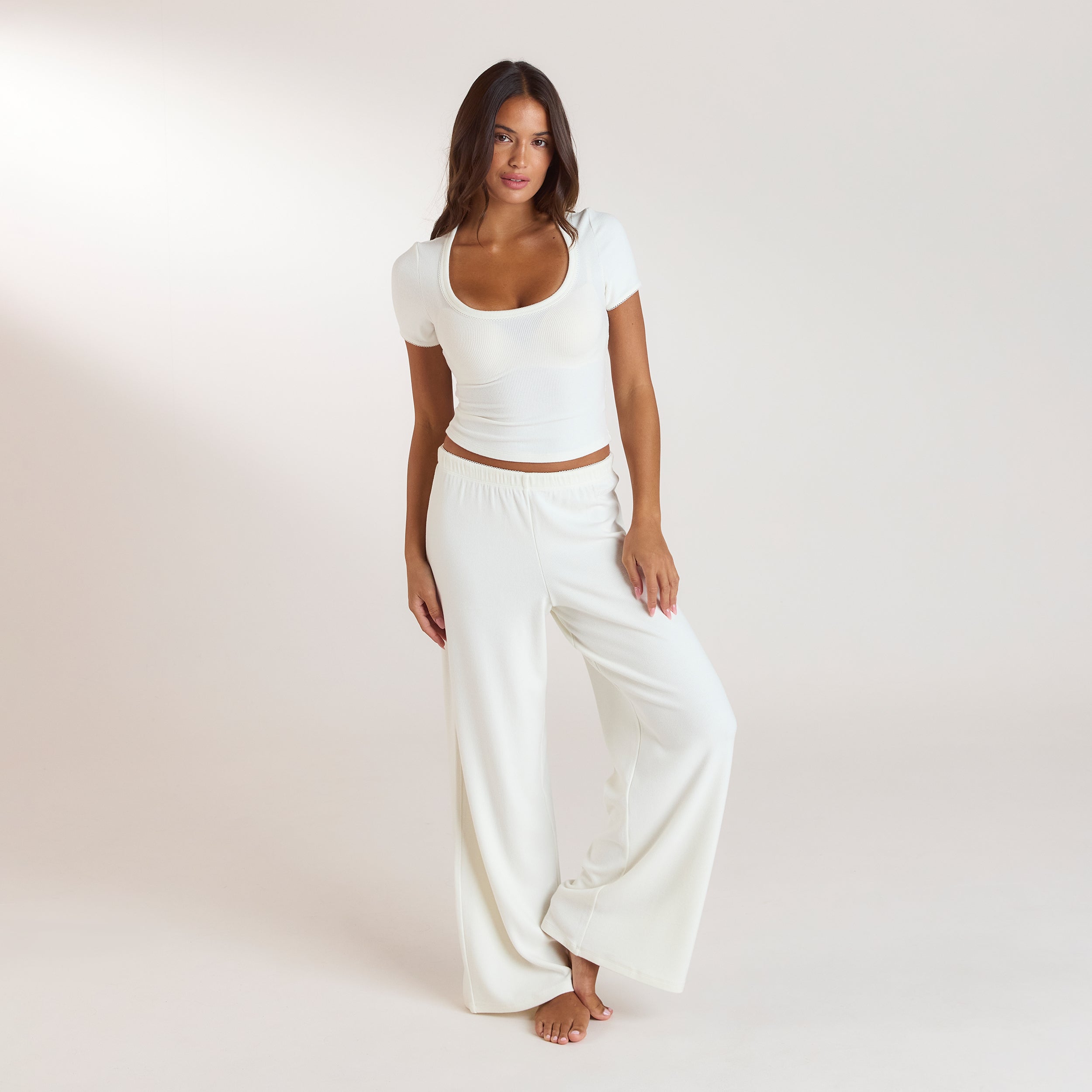 Ribbed Short-Sleeve Pajama Top - Cream alternate