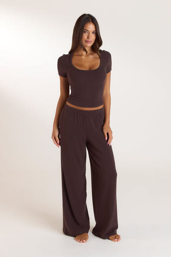 Ribbed Short-Sleeve Pajama Top - Dark Chocolate alternate