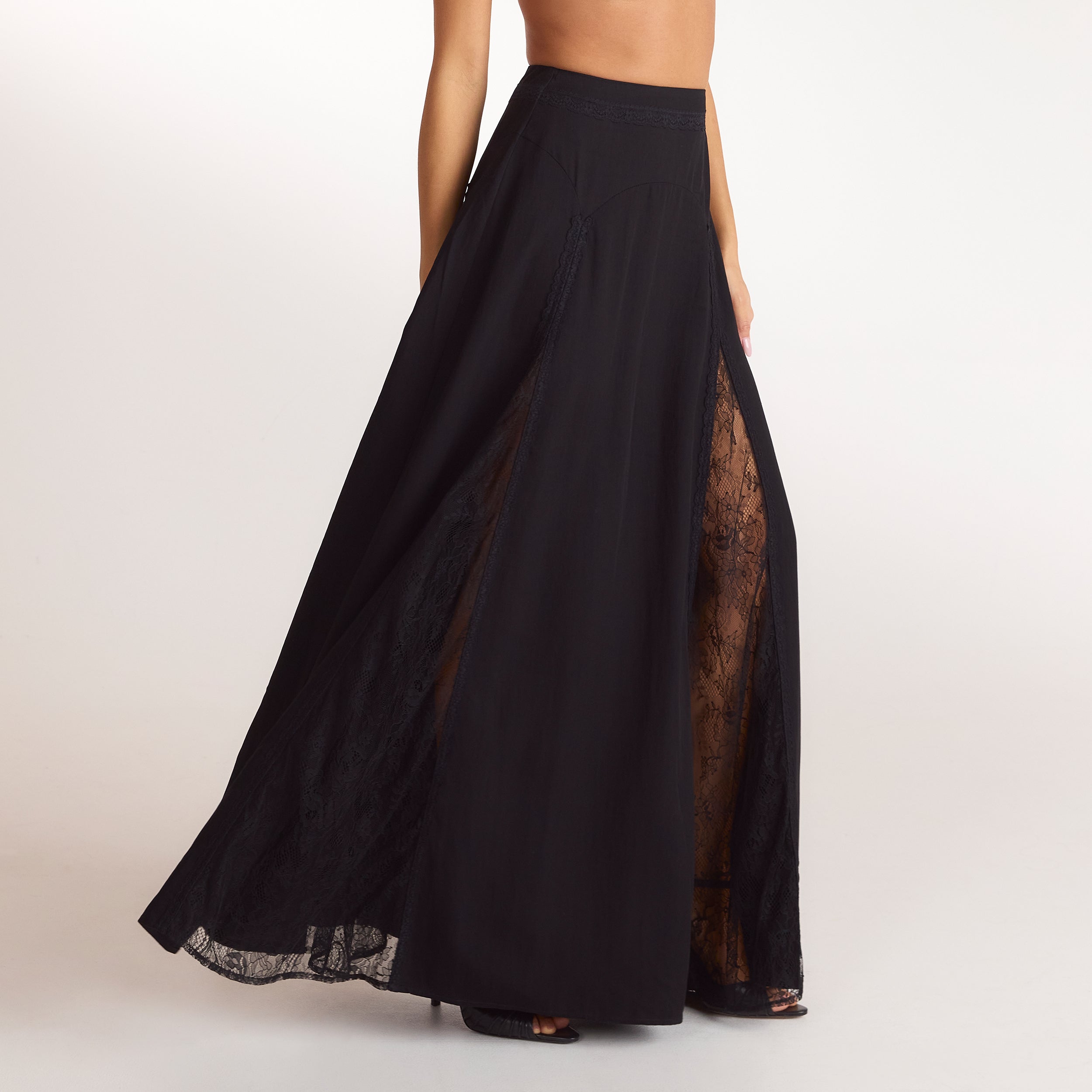 Lace Panel Maxi Skirt - Black
