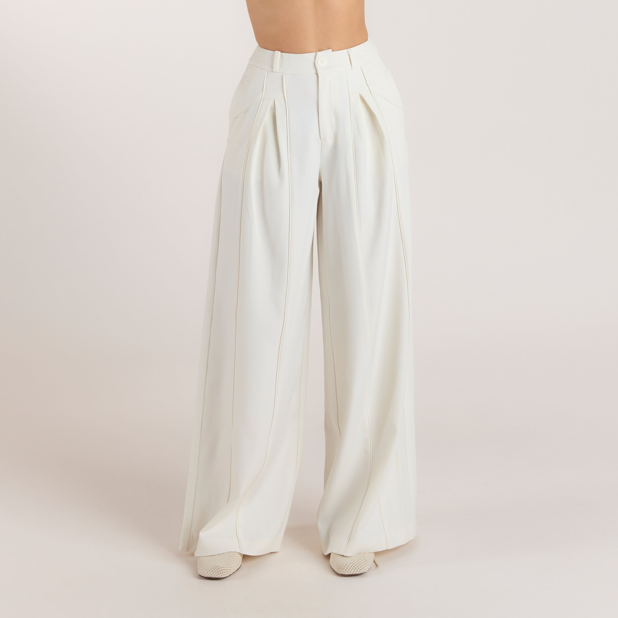 Wide-Leg Pleat Detail Pants - Off White