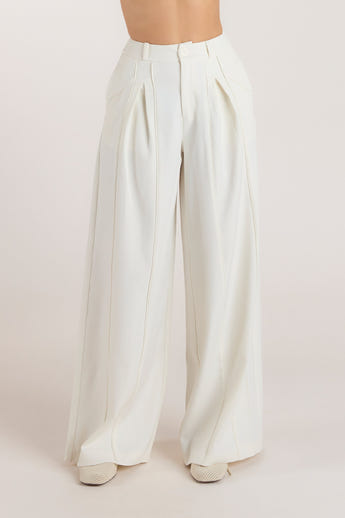 Wide-Leg Pleat Detail Pants - Off White