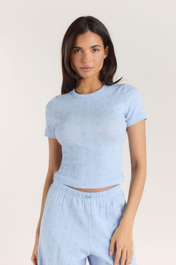 Pointelle Fitted Pajama Top - Blue Floral