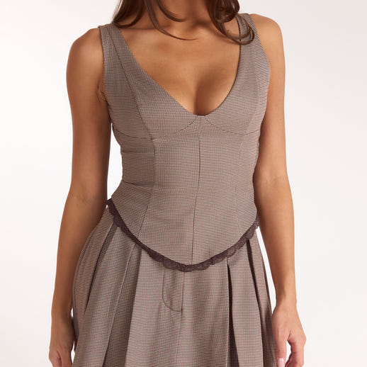 Cinched V-Neck Top - Brown Check