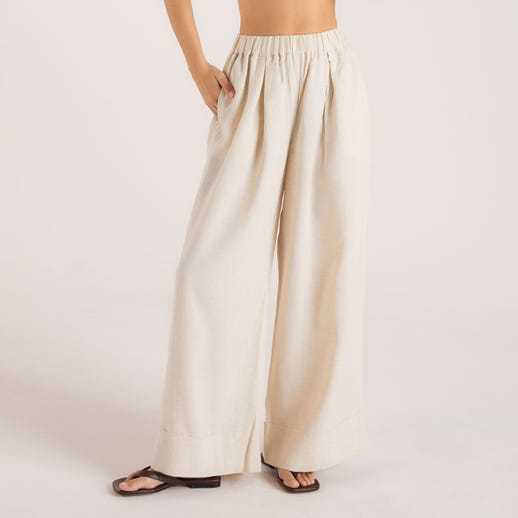 Linen Blend Wide-Leg Pants - Cream