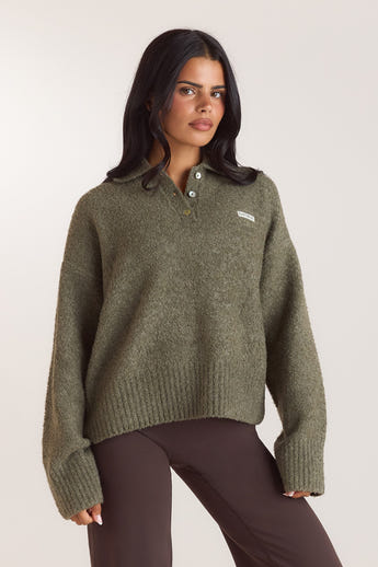 Bouclé Knitted Polo Jumper - Khaki alternate