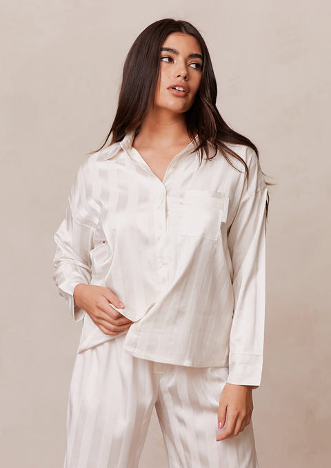 Striped Satin Pajama Shirt - Pearl – Lounge Underwear