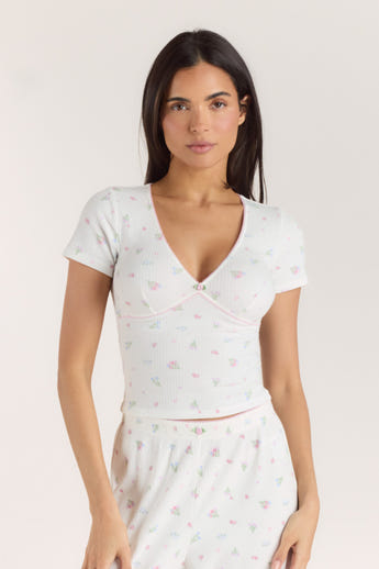 Ribbed Short-Sleeve Pajama Top - White Floral