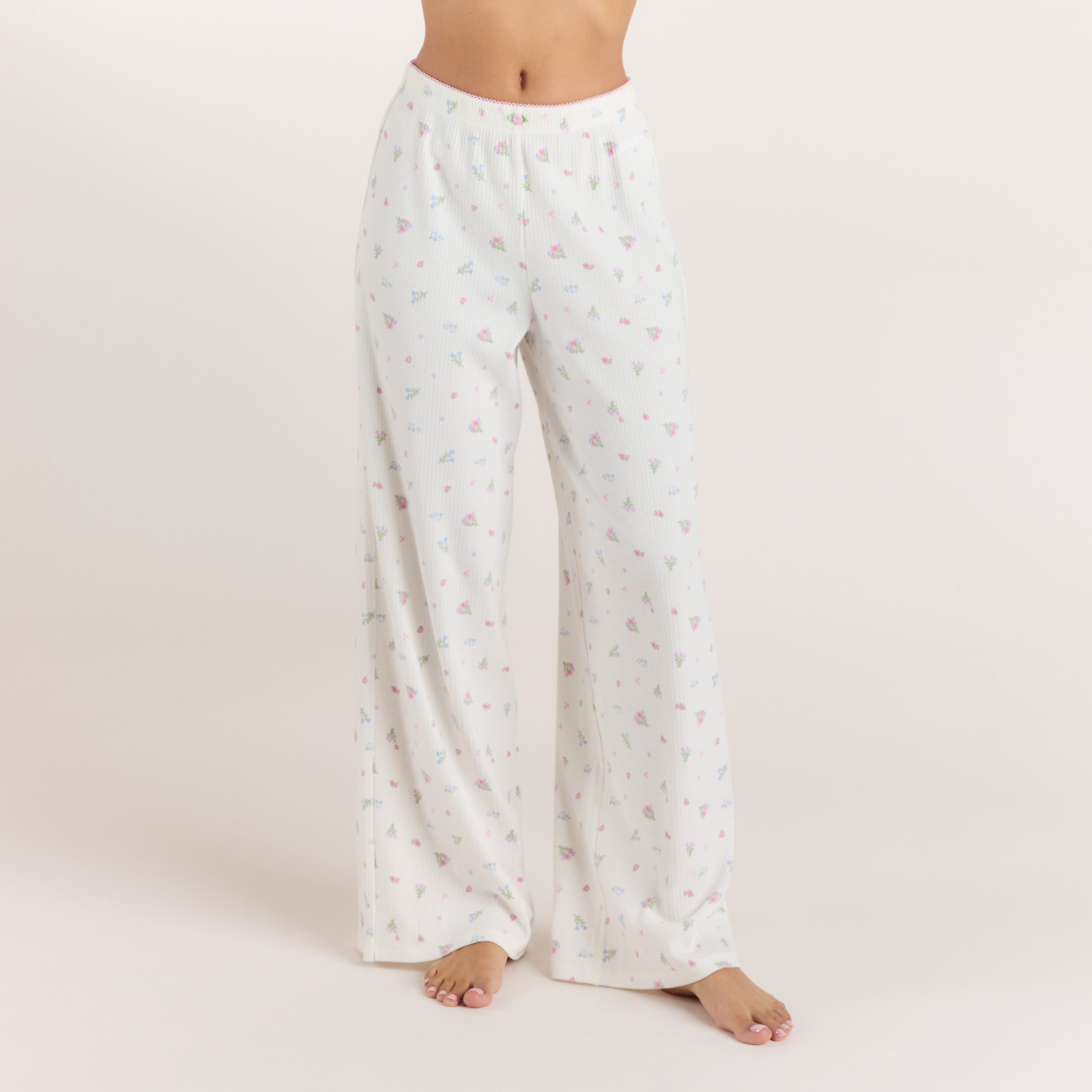 Ribbed Pajama Pants - White Floral