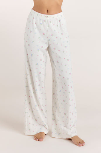 Ribbed Pajama Pants - White Floral