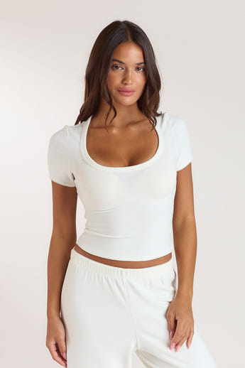 Ribbed Short-Sleeve Pajama Top - Cream
