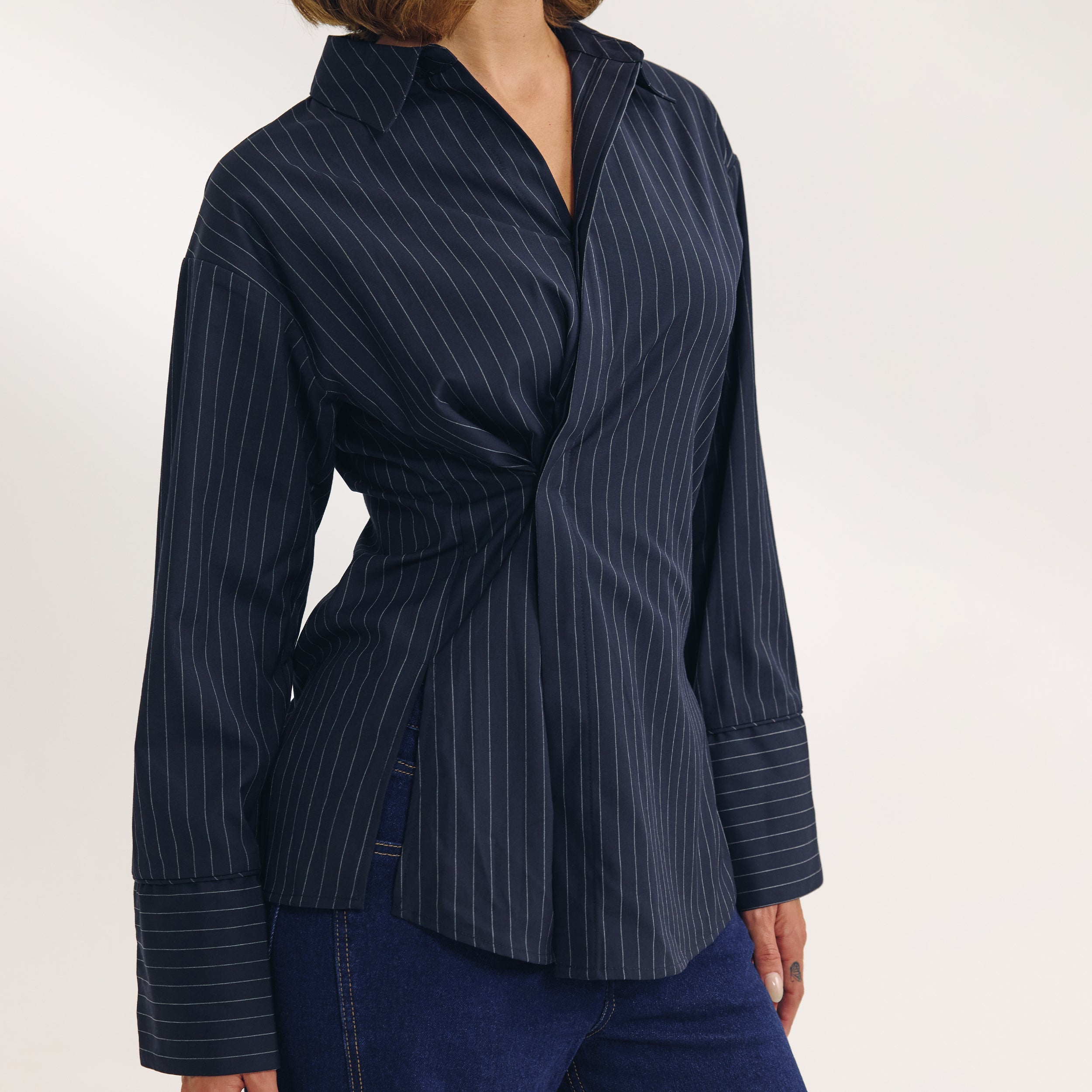 Asymmetric Shirt | Asymmetric Shirt - Navy Pinstripe