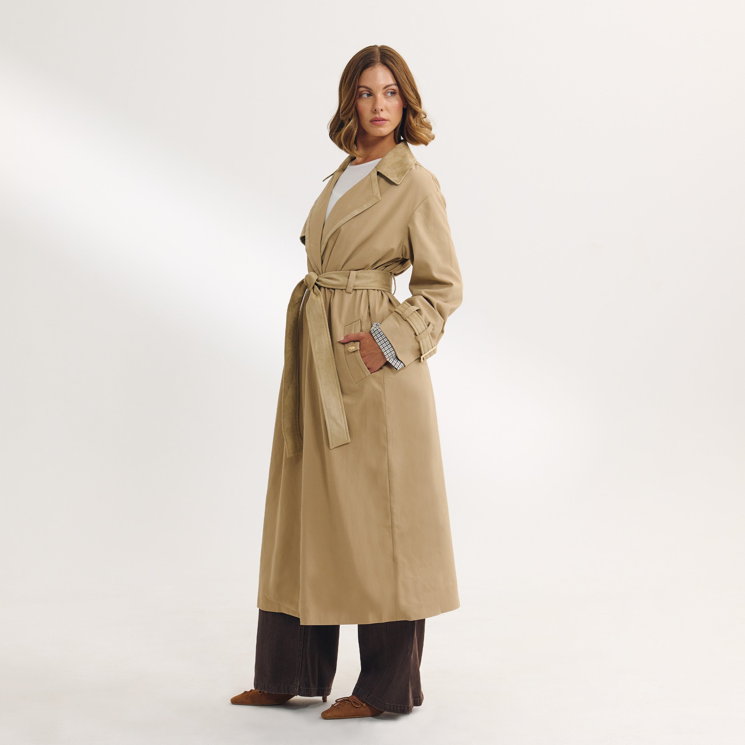 Suedette Trim Trench Coat | Suedette Trim Trench Coat - Sand
