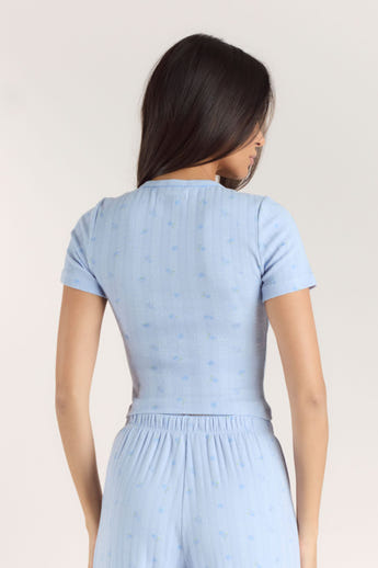 Pointelle Fitted Pajama Top - Blue Floral alternate