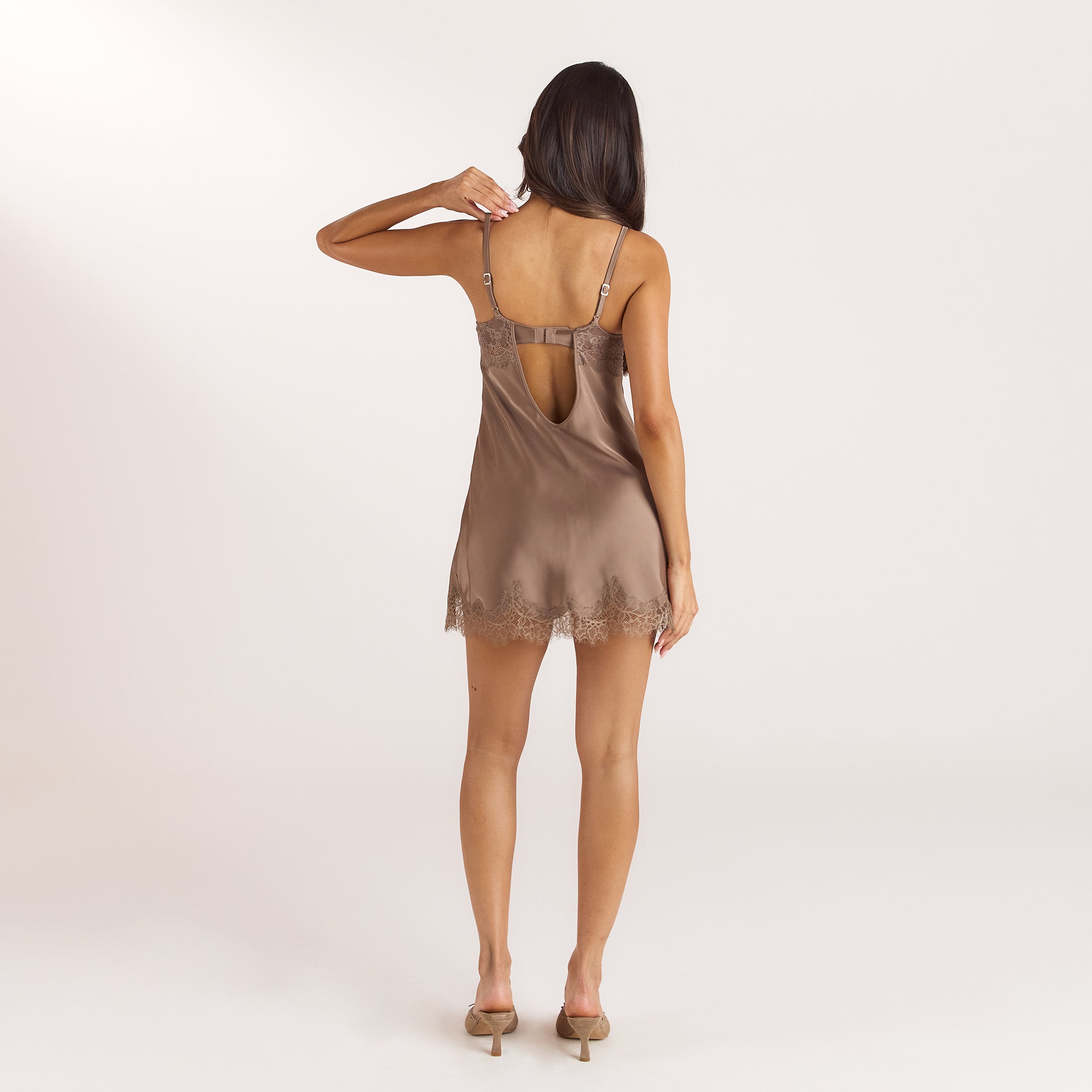 Satin Lace Mini Dress - Mocha alternate