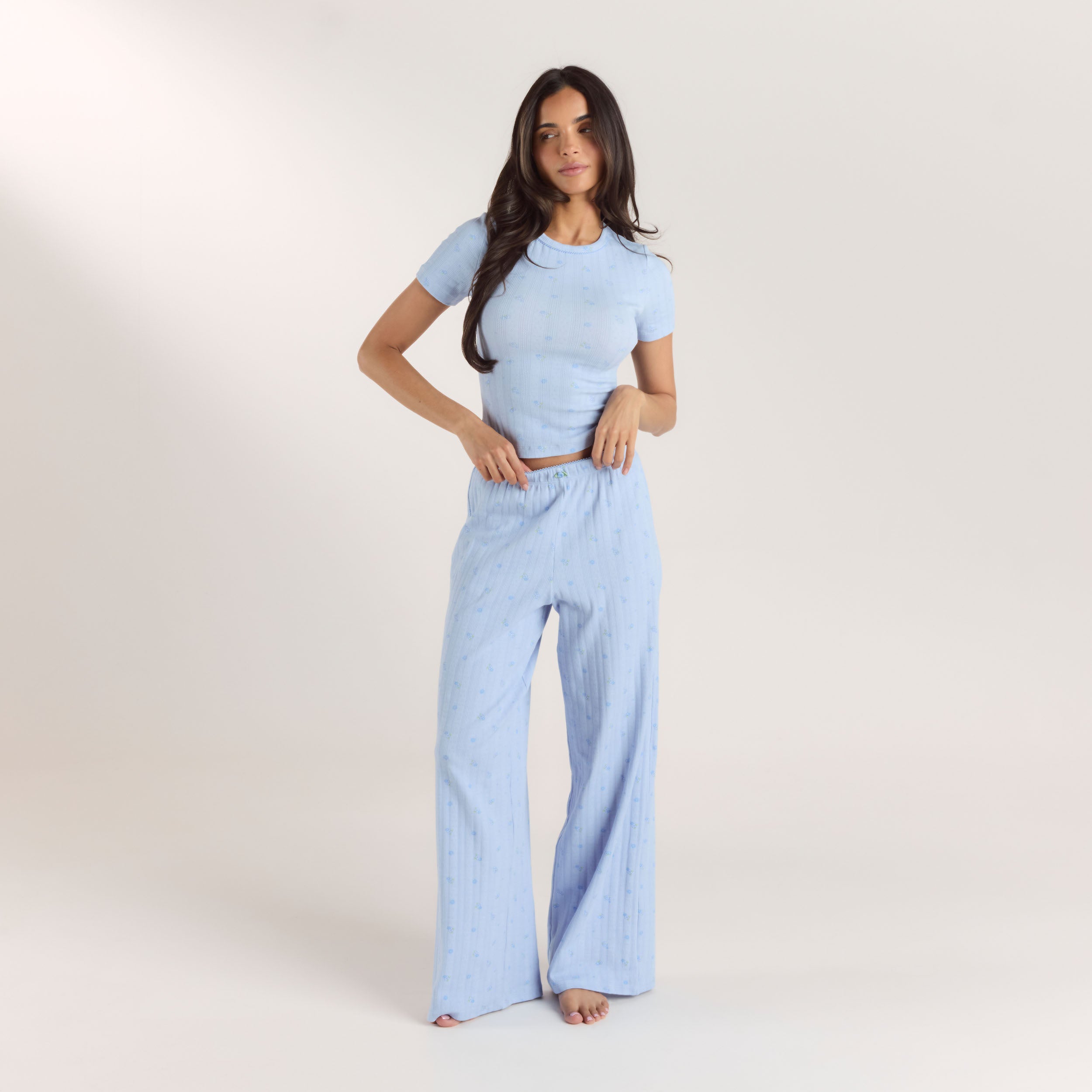 Pointelle Fitted Pajama Top | Pointelle Fitted Pajama Top - Blue Floral