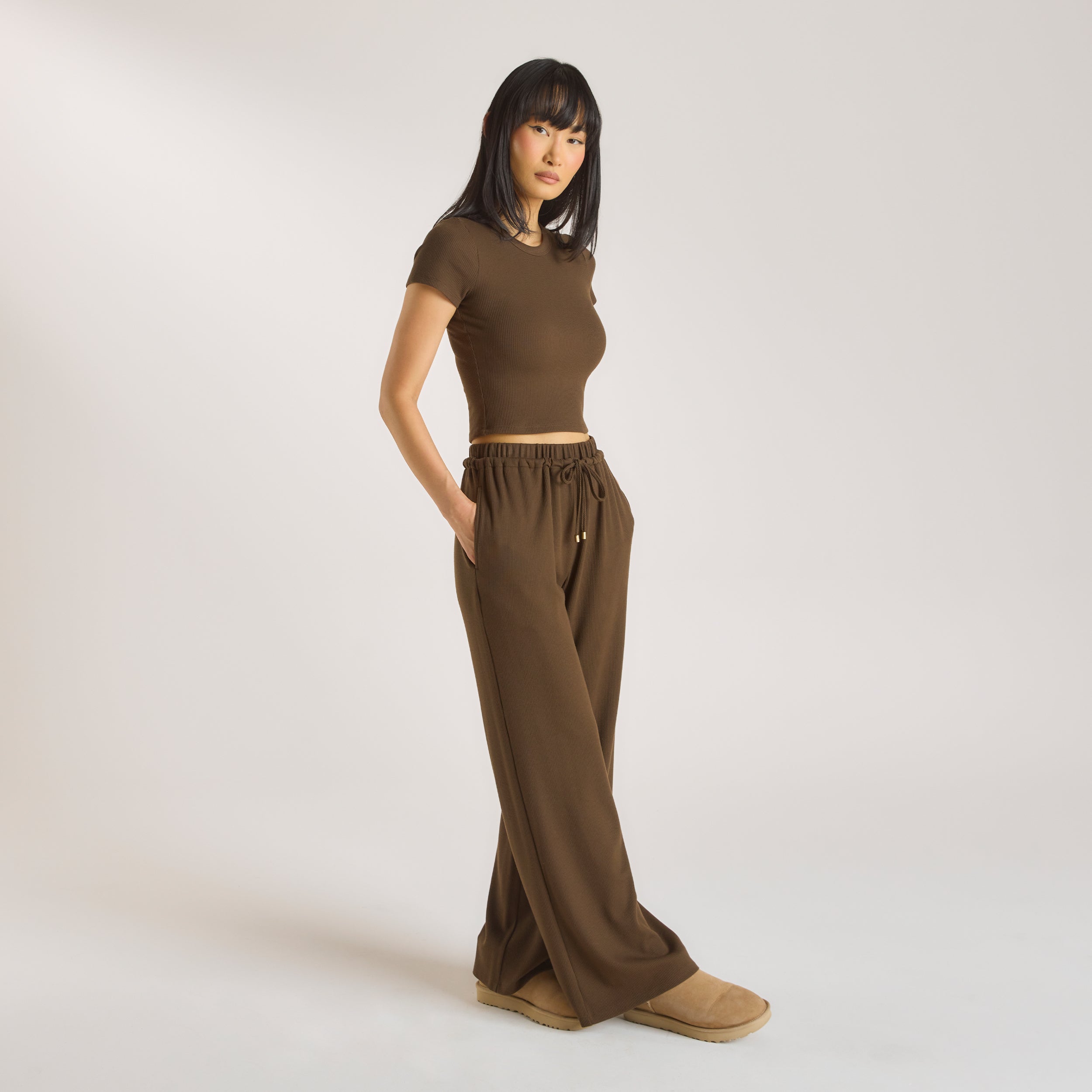 Waffle Wide Leg Pants  | Waffle Wide Leg Pants - Chocolate