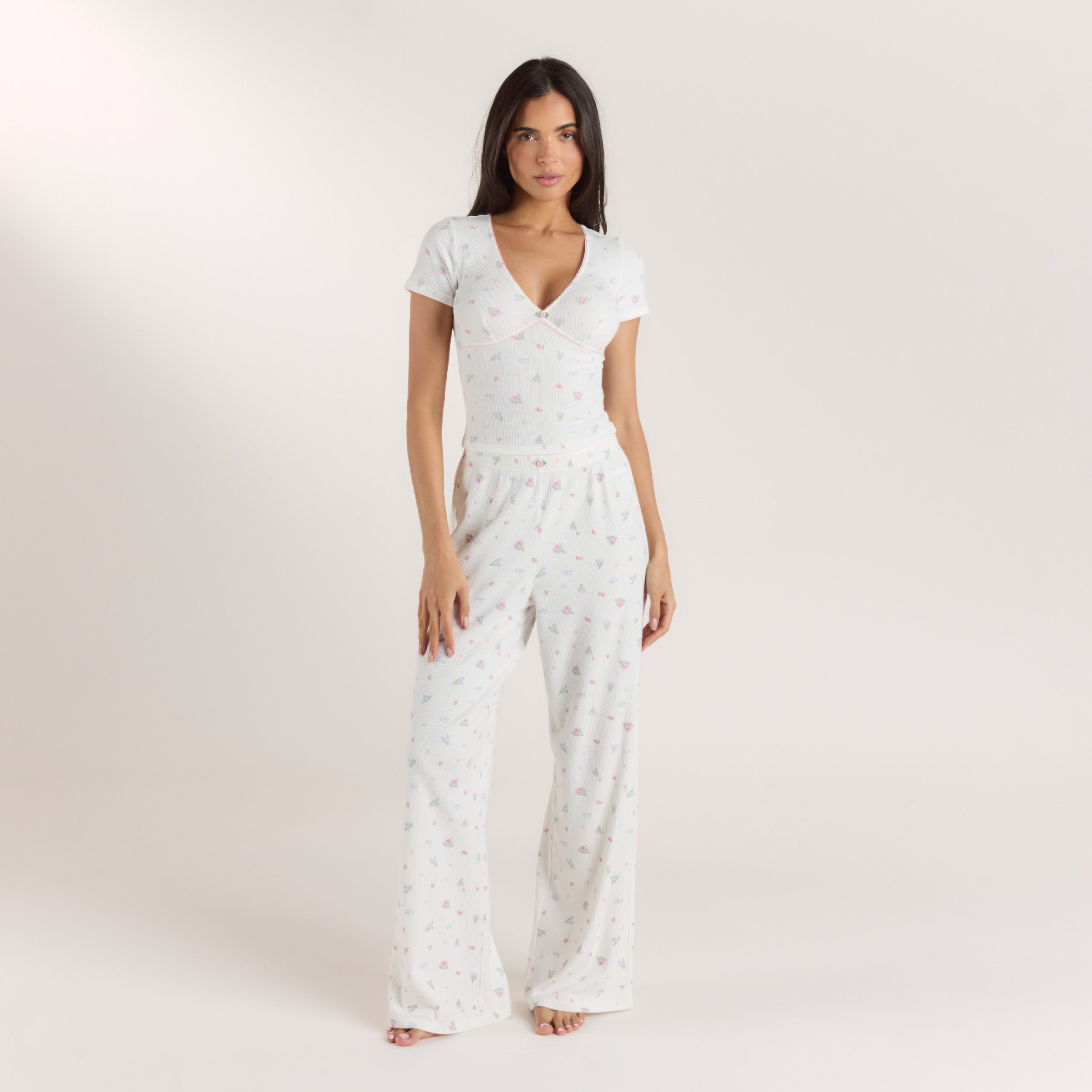 Ribbed Short-Sleeve Pajama Top | Ribbed Short-Sleeve Pajama Top - White Floral