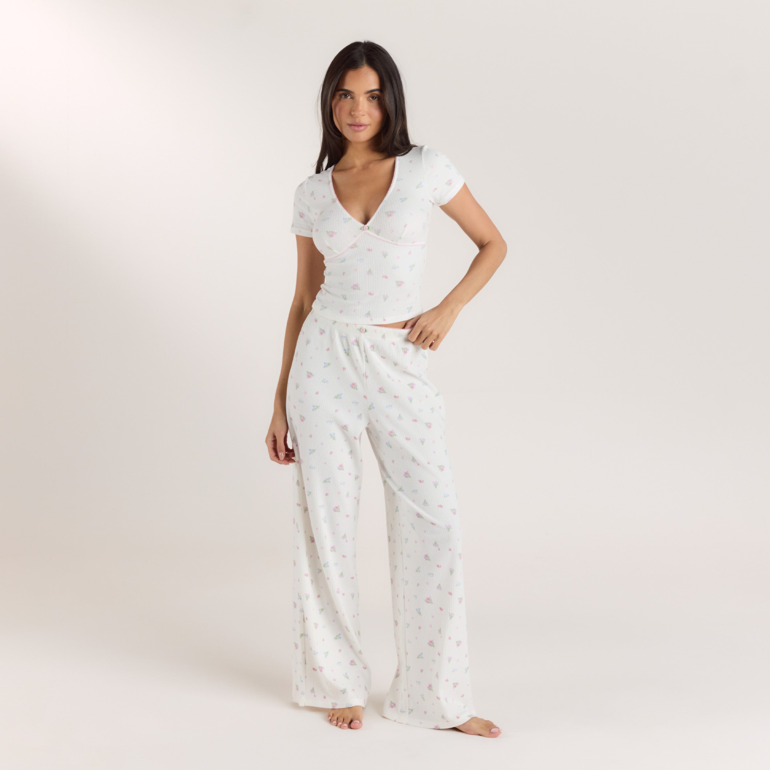 Ribbed Pajama Pants | Ribbed Pajama Pants - White Floral