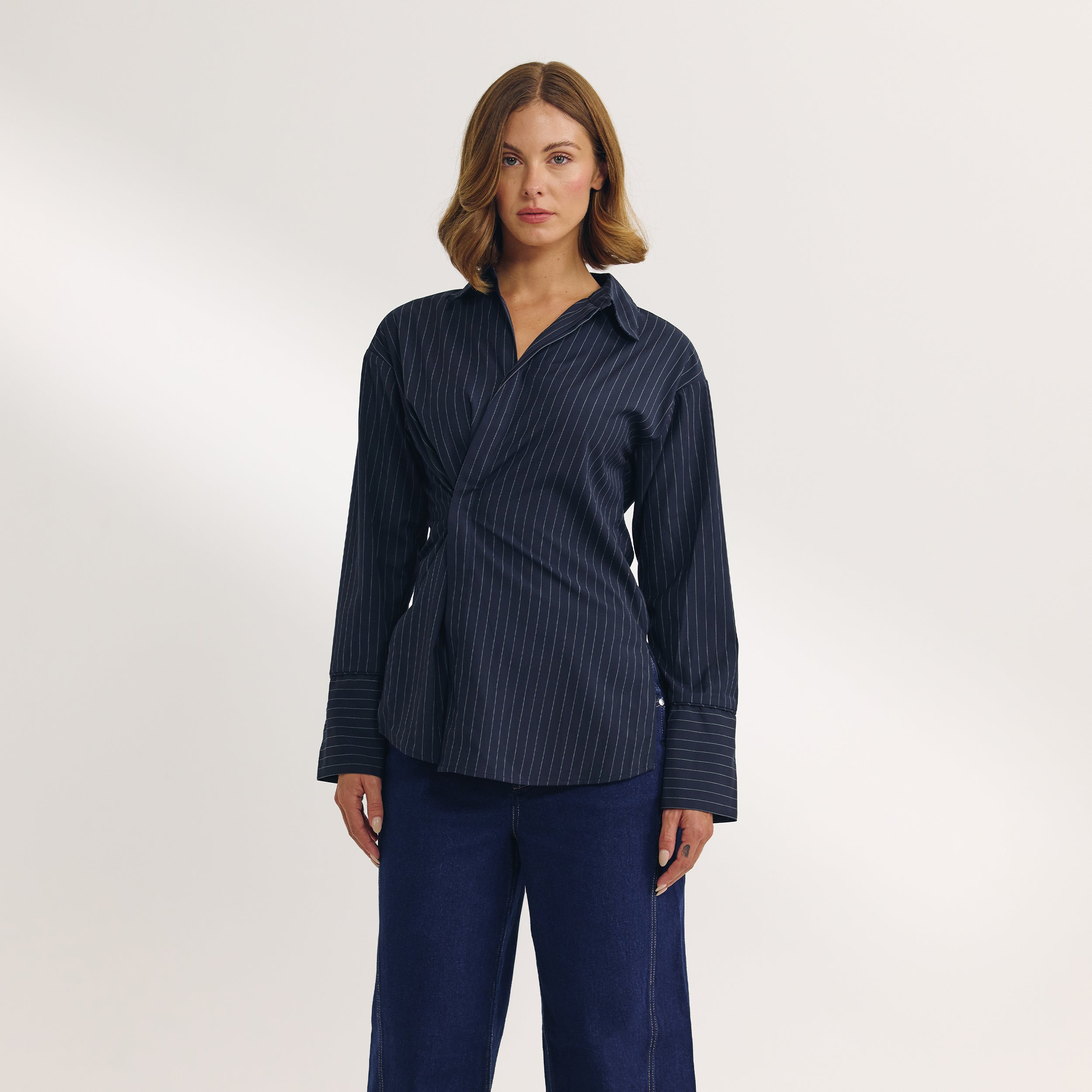 Asymmetric Shirt | Asymmetric Shirt - Navy Pinstripe