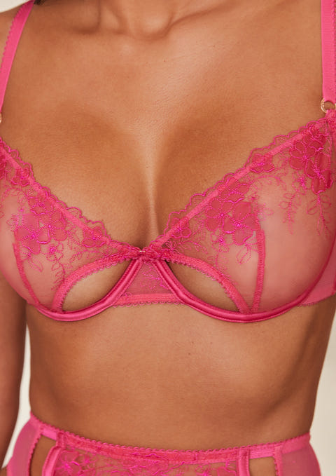 Hot and Sexy Pink Button Front Chiffon Lingerie Bra Set, Lingerie Set!