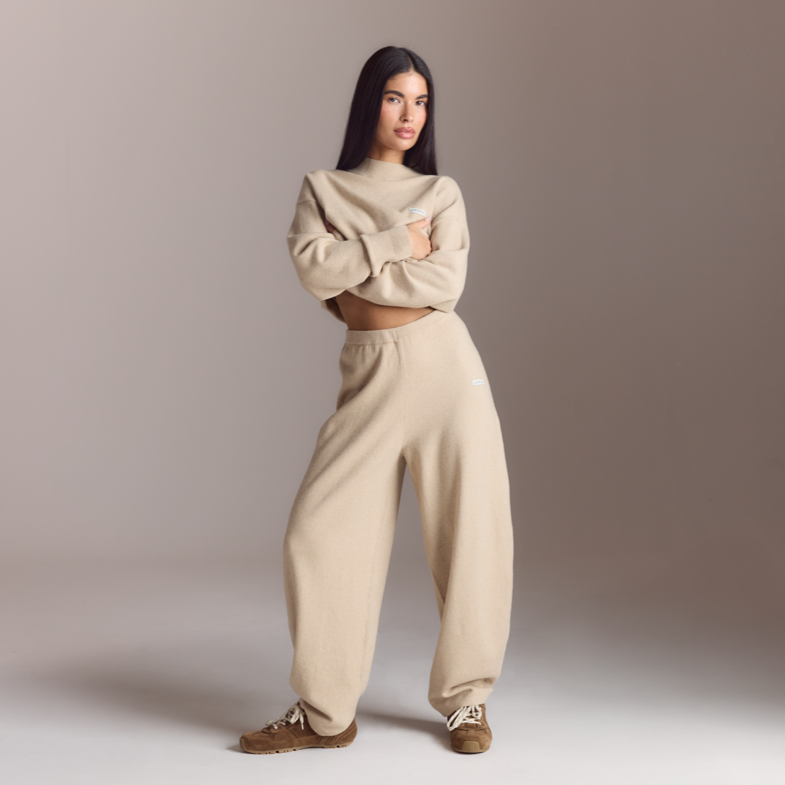 Barrel Leg Knitted Joggers | Barrel Leg Knitted Joggers - Oatmeal Marl