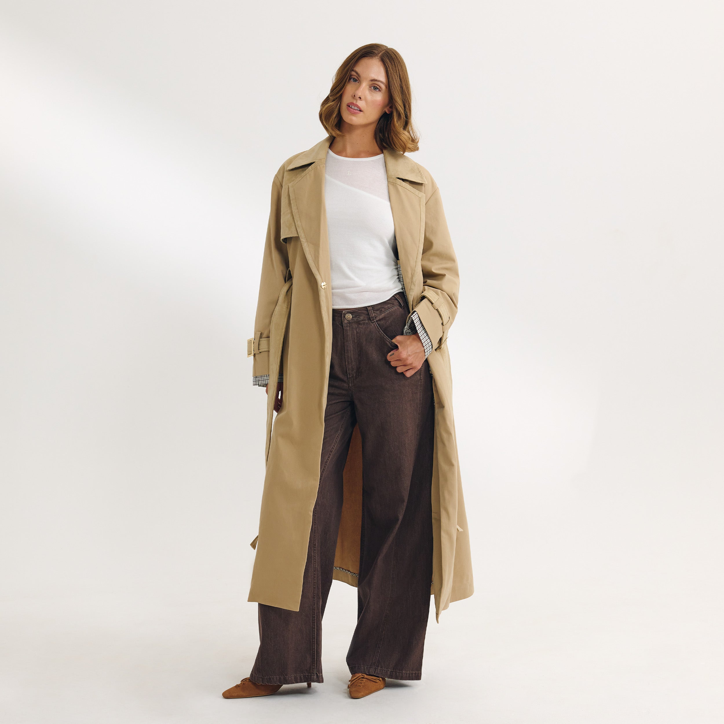 Suedette Trim Trench Coat | Suedette Trim Trench Coat - Sand