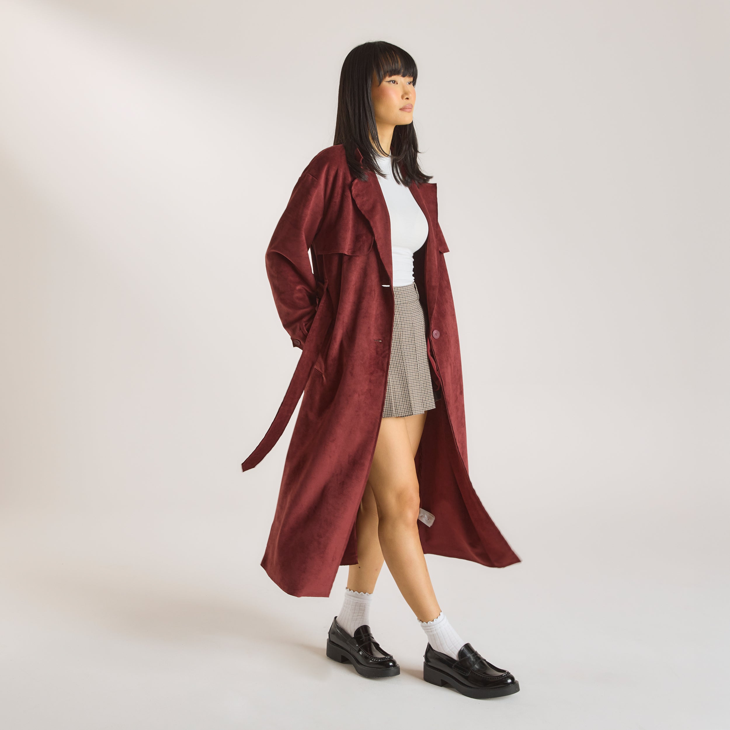Suedette Trench Coat | Suedette Trench Coat - Burgundy