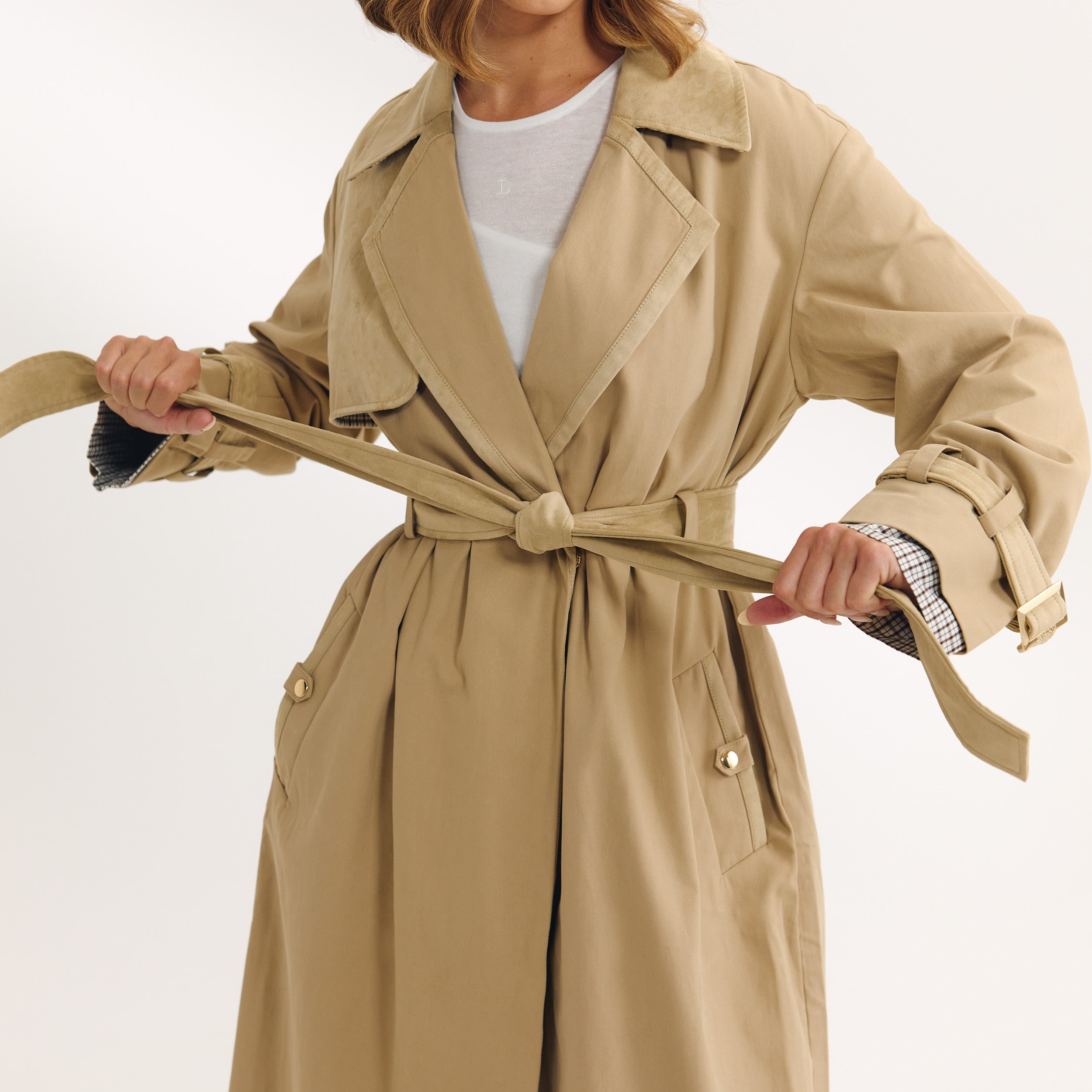 Suedette Trim Trench Coat | Suedette Trim Trench Coat - Sand